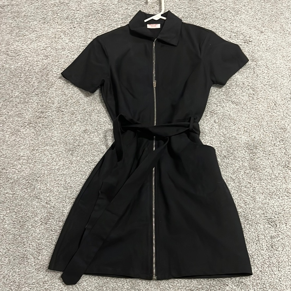 Showpo size 2 US black mini collared dress with full zipper and tie waist